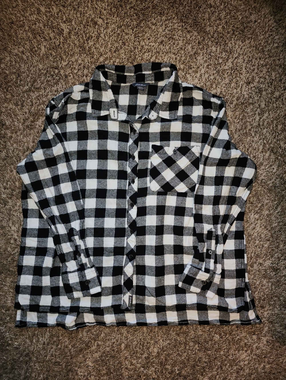 Eddie Bauer Flannel Shirt Mens XXL Black White Buffalo Plaid Button Up Cotton